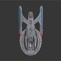 Spacecraft Model With Silver Body Blue Stripes Red Engine And Streamlined Design