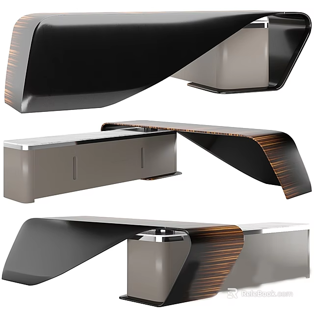 Modern Office Desk Design With Black Surface Wood Grain Accent And Silver Metal Frame 3d model 