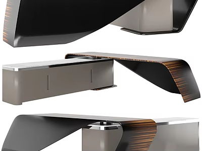 Modern Office Desk Design With Black Surface Wood Grain Accent And Silver Metal Frame 3d model