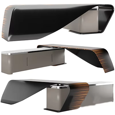 Modern Office Desk Design With Black Surface Wood Grain Accent And Silver Metal Frame 3d model