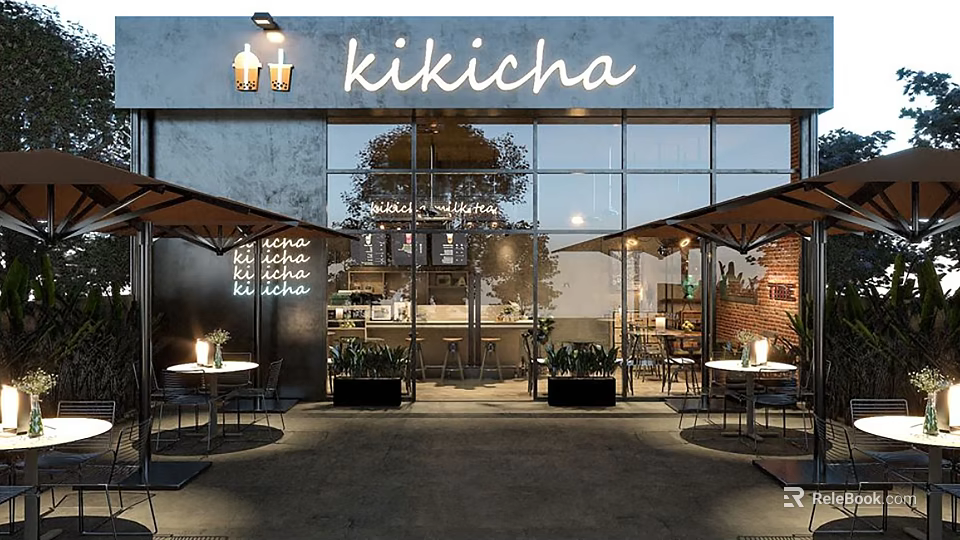 Kikicha Modern Cafe Exterior With Large Glass Windows Outdoor Seating Umbrellas And Plants 3d model 