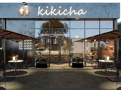 Kikicha Modern Cafe Exterior With Large Glass Windows Outdoor Seating Umbrellas And Plants 3d model