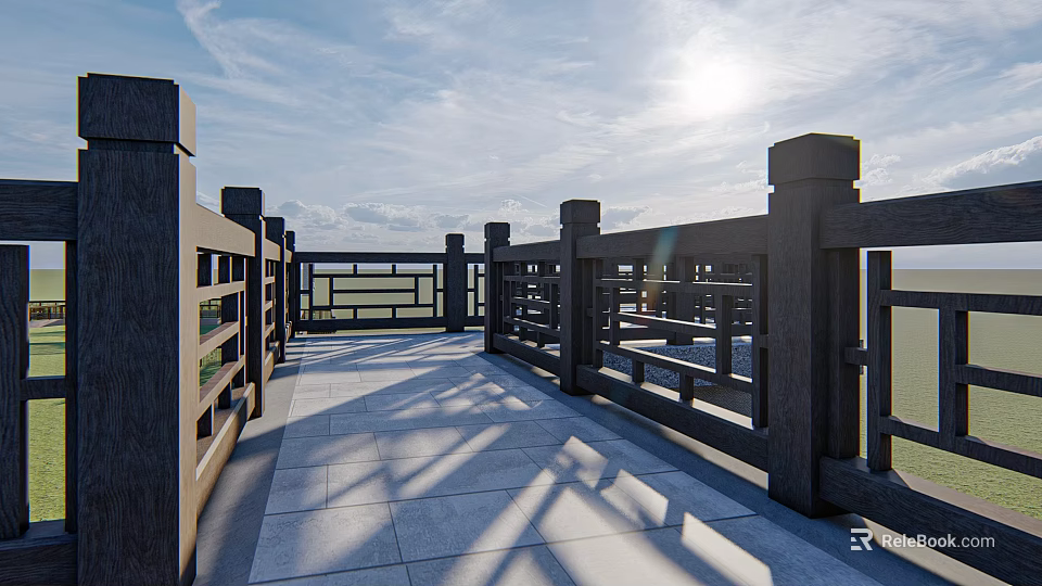 Wooden Fence Design On Outdoor Terrace With Stone Pavement And Sunlight 3d model 