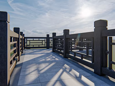 Wooden Fence Design On Outdoor Terrace With Stone Pavement And Sunlight 3d model