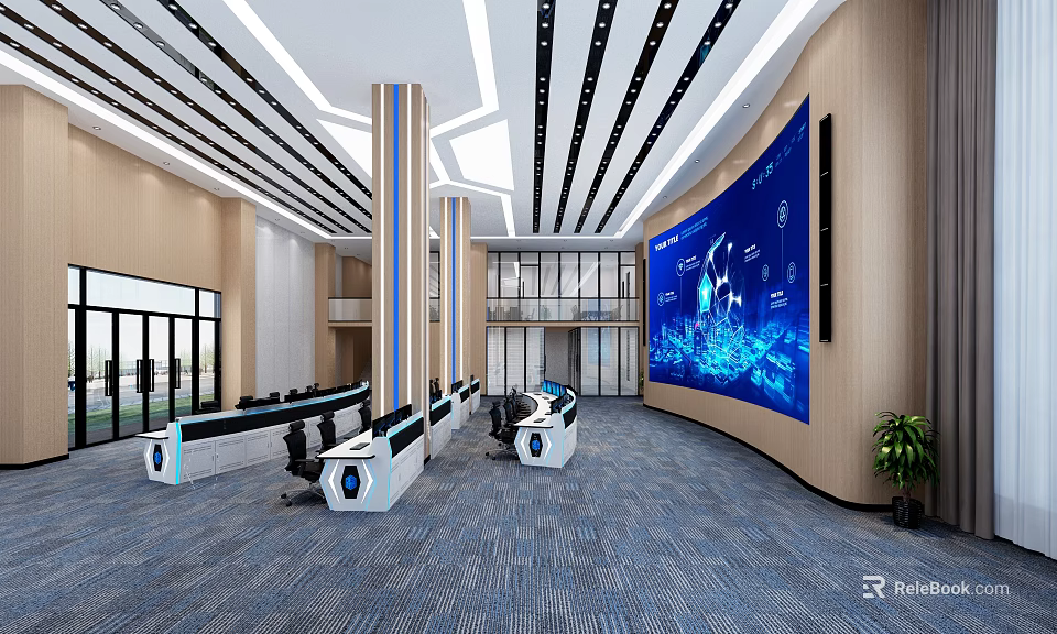Modern Monitoring Room Interior With Large Digital Screen Control Desks And Office Chairs 3d model 