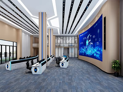 Modern Monitoring Room Interior With Large Digital Screen Control Desks And Office Chairs 3d model