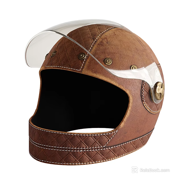 Brown Leather Motorcycle Helmet With Clear Visor Stitched Design And Metal Studs 3d model 