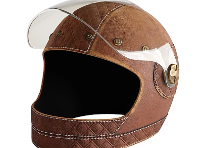 Brown Leather Motorcycle Helmet With Clear Visor Stitched Design And Metal Studs 3d model