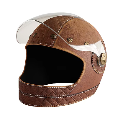 Brown Leather Motorcycle Helmet With Clear Visor Stitched Design And Metal Studs 3d model