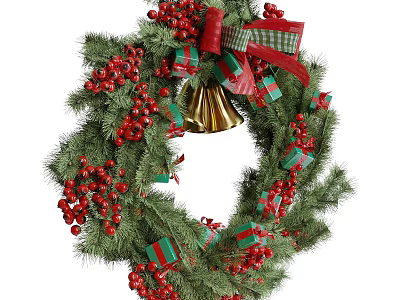 Christmas Wreath Adorned With Green Pine Branches Red Berries Golden Bells And Gift Boxes 3d model