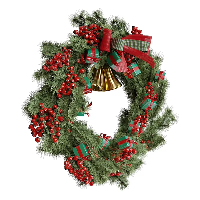 Christmas Wreath Adorned With Green Pine Branches Red Berries Golden Bells And Gift Boxes 3d model