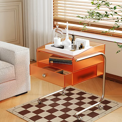 Modern Orange Acrylic Side Table with Open Drawer and Tray Decorations by Sofa 3d model