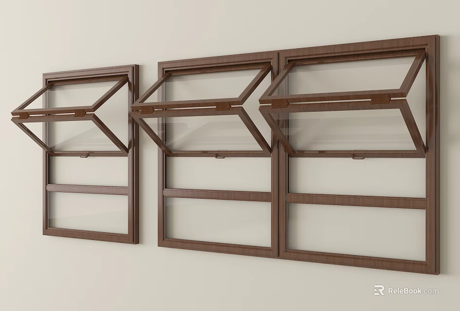 Open Glass Windows With Brown Wooden Frames Mounted On White Wall 3d model