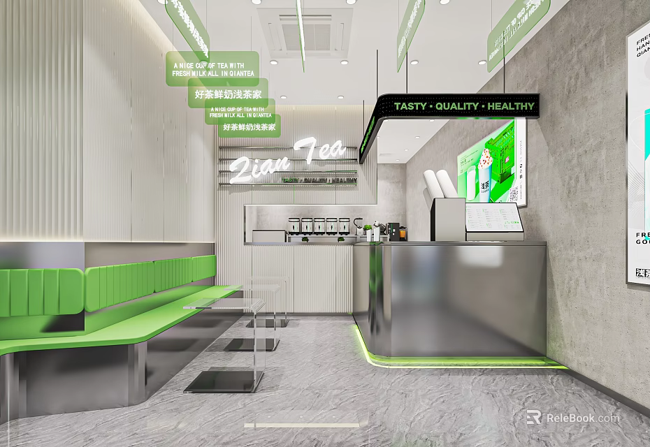Lin Tea Milk Tea Shop Interior With Green Benches Stainless Steel Counter And White Cabinets 3d model 