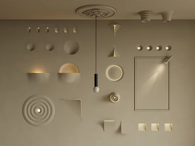 Minimalist Modern Beige Wall With Various Shaped Decorative Elements And Lighting Fixtures 3d model