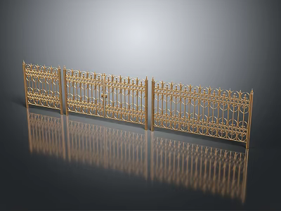 Golden Metal Wrought Iron Fence With Intricate Patterns And Reflective Surface 3d model