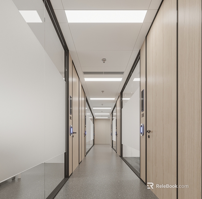 Modern Elevator Corridor With Light Wood Doors And Ceiling Lights 3d model 