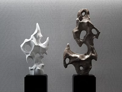 Stone and Wood Sculptures White and Brown on Black Bases with Gray Textured Wall Background 3d model