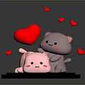 Cute Pink And Gray Cartoon Creatures Playing Together With Red Hearts On Black Circular Base