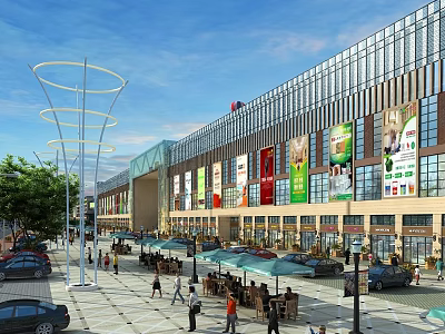 Vibrant Commercial Street With Modern Glass Building Colorful Billboards And Outdoor Seating 3d model