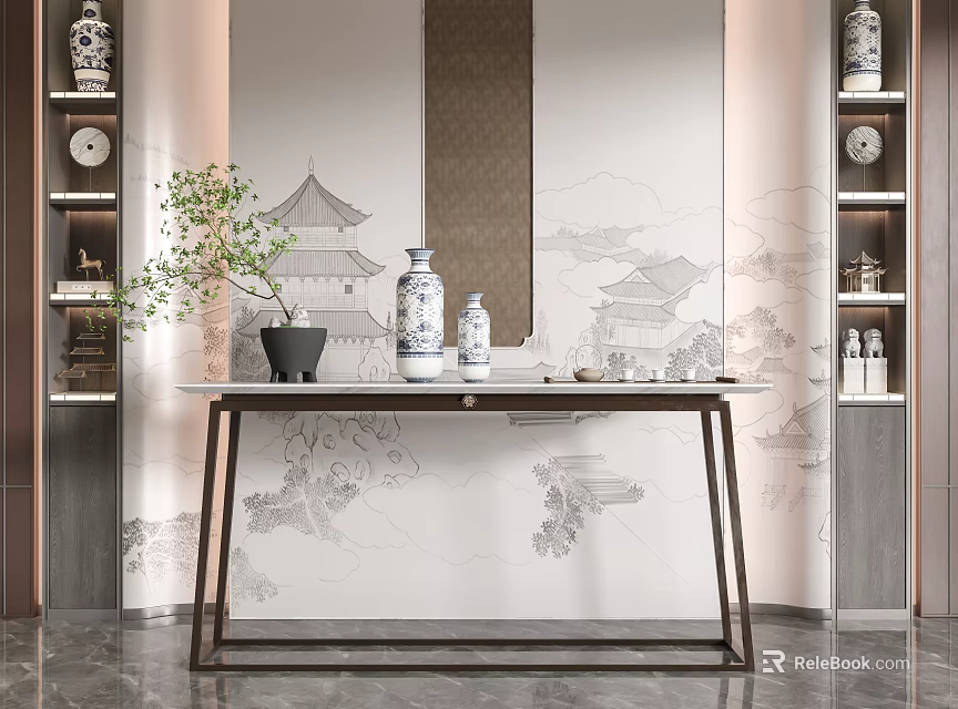 Traditional Console Table with Blue and White Porcelain Vases Ancient Architecture and Landscape Backdrop 3d model 