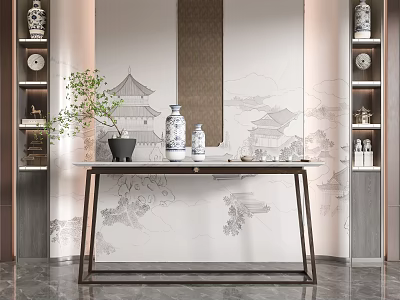 Traditional Console Table with Blue and White Porcelain Vases Ancient Architecture and Landscape Backdrop 3d model