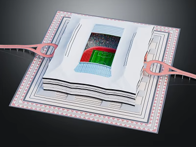 3D Layered Stadium Model With Green Pitch Red Stands White Roof And Pink Bridges 3d model