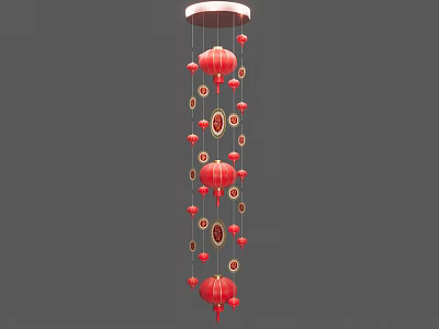 Hanging Red Lanterns with Multiple Small Lanterns and Circular Decorations 3d model