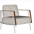 Modern Leisure Chair With White Leather Upholstery Metal Frame And Wooden Armrests