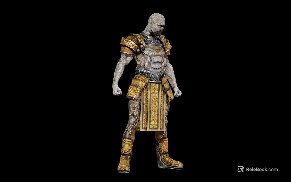 Muscular Warrior Character and Creature in Ornate Golden Silver Armor Standing Against Black Background 3d model 