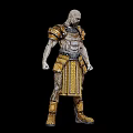Muscular Warrior Character and Creature in Ornate Golden Silver Armor Standing Against Black Background