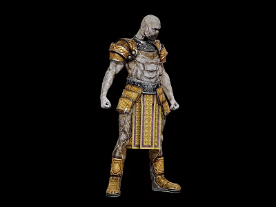 Muscular Warrior Character and Creature in Ornate Golden Silver Armor Standing Against Black Background 3d model