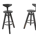 Two Dark Wooden Bar Stools With Backrest Round Seat And Three Legs Crossbar