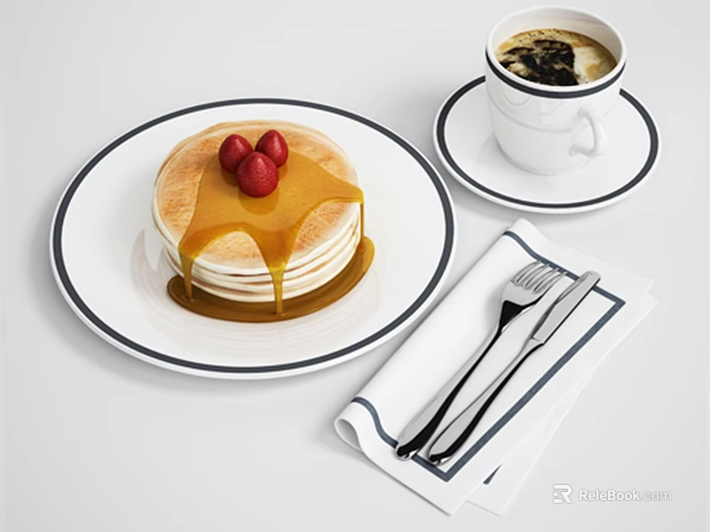 Stack of Fluffy Pancakes with Syrup and Fresh Cherries Served with Coffee 3d model 