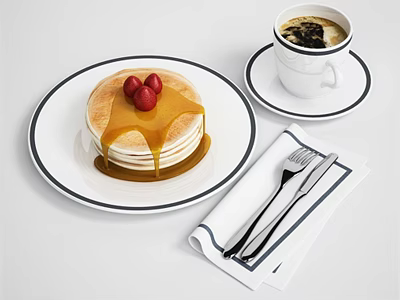 Stack of Fluffy Pancakes with Syrup and Fresh Cherries Served with Coffee 3d model