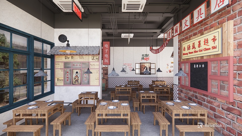 Traditional Chinese Restaurant Interior With Wooden Tables Brick Walls And Red Signs 3d model 