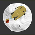 Yellow Boat With Blue Chimney Tilted On Snow Featuring Red Lifebuoy And Small Figure