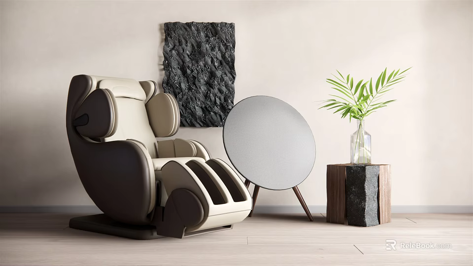 Massage Chair In Modern Interior With Decorative Painting Round Mirror And Green Plant 3d model 