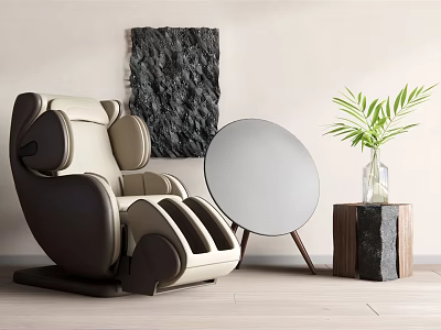 Massage Chair In Modern Interior With Decorative Painting Round Mirror And Green Plant 3d model