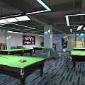 Modern Billiard Room Interior Design With Green Felt Tables Comfortable Chairs And Lighting