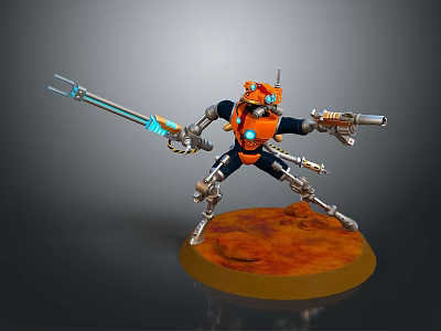 Detailed Mechanical Game Character With Orange Armor Glowing Blue Weapon And Rock Base 3d model