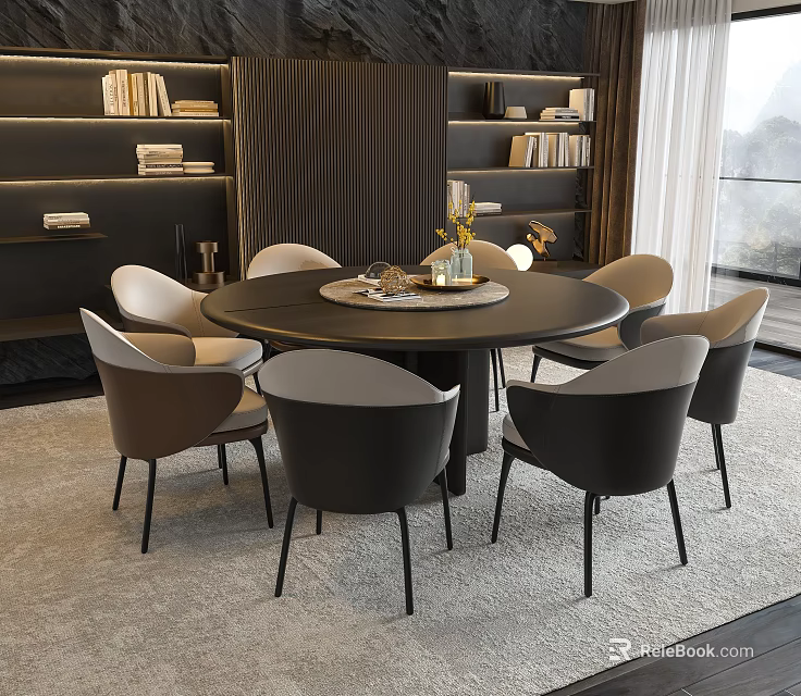Modern Round Dining Table Set With Comfortable Chairs And Bookshelf Decor 3d model 