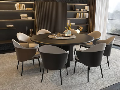 Modern Round Dining Table Set With Comfortable Chairs And Bookshelf Decor 3d model