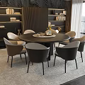 Modern Round Dining Table Set With Comfortable Chairs And Bookshelf Decor 3d model