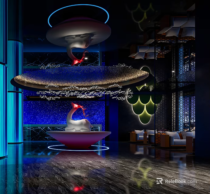 Modern Interior Space With Blue Lighting White Sculpture And Floating Decorations 3d model 