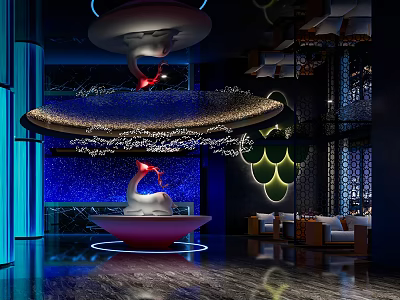 Modern Interior Space With Blue Lighting White Sculpture And Floating Decorations 3d model