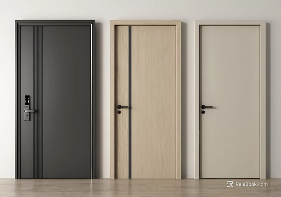 Modern Swing Doors with Black Light Wood and Beige Finishes for Home Interior 3d model 