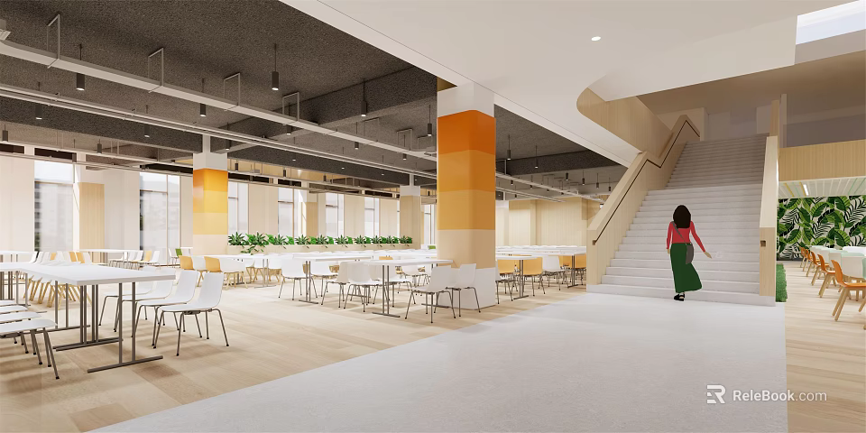 Modern Interior Space With White Tables Chairs Orange Columns Large Windows And Staircase 3d model