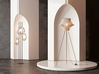 Modern Floor Lamps With Transparent Spherical And Geometric Patterned Shades In Minimalist Interior 3d model