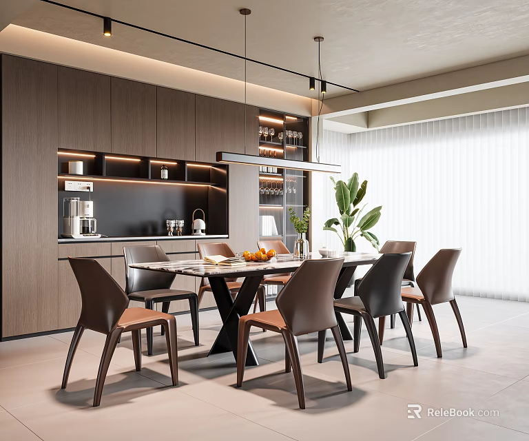 Modern Restaurant Interior Design With Dining Table Chairs Pendant Lights And Green Plants 3d model 